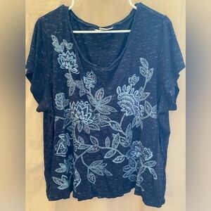 Coldwater Creek Floral Embroidered Navy Blue Top